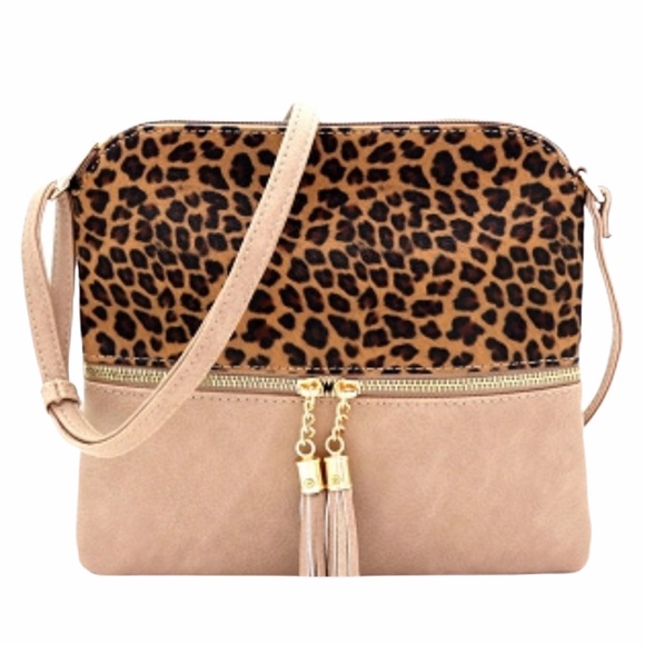 Handbags - Leopard Print Front Pocket Cross Body Taupe Bag